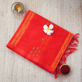 Handwoven rose red consecrated cotton saree showcasing uniquely formed stripes using floral patterns