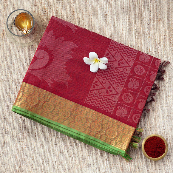 Handwoven maroon consecrated cotton unique checkered saree with shiny golden border
