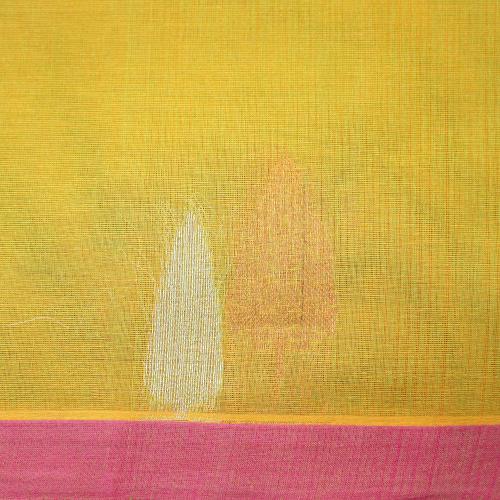Handwoven mustard yellow consecrated saree with white and orange raindrop patterns