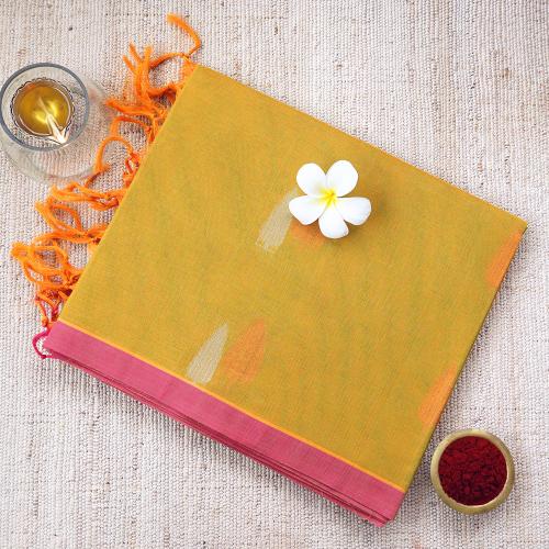 Handwoven mustard yellow consecrated saree with white and orange raindrop patterns