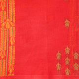 Handwoven rose red consecrated cotton saree showcasing uniquely formed stripes using floral patterns