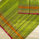 Devi Energised Cotton Saree – Olive Green with Mustard Gold & Magenta Pink Woven Border
