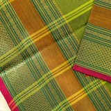 Devi Energised Cotton Saree – Olive Green with Mustard Gold & Magenta Pink Woven Border