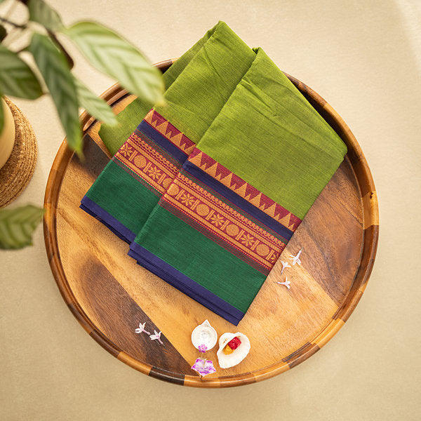 Devi Energised Cotton Saree – Olive Green with Emerald Green, Maroon & Navy Blue Woven Border