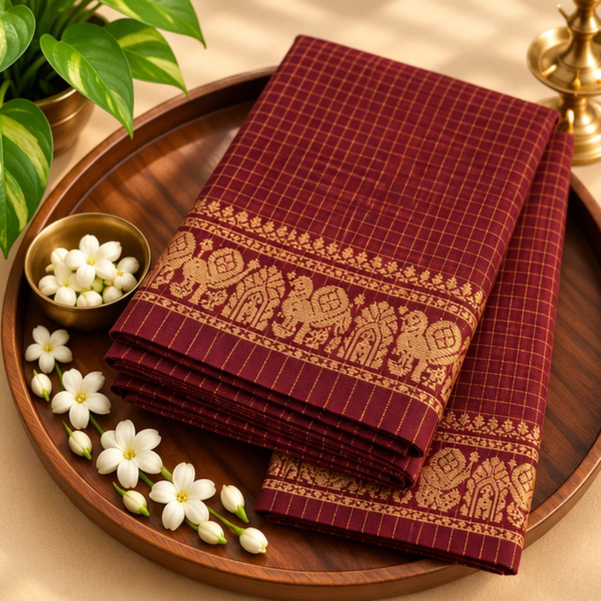 Devi Energised Saree – Maroon Checks with Golden Woven Border