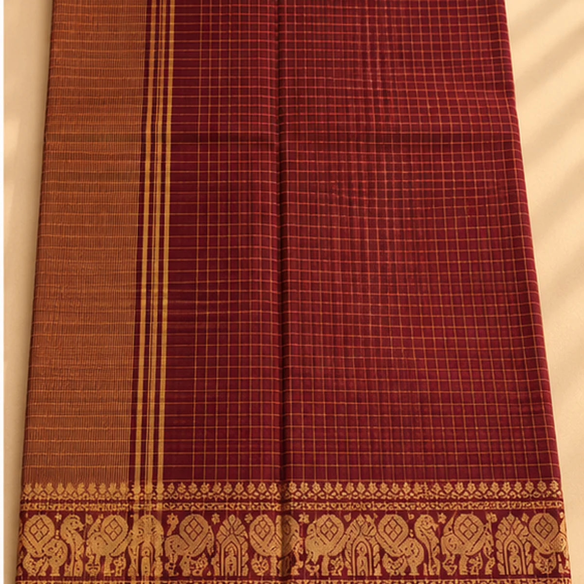 Devi Energised Saree – Maroon Checks with Golden Woven Border