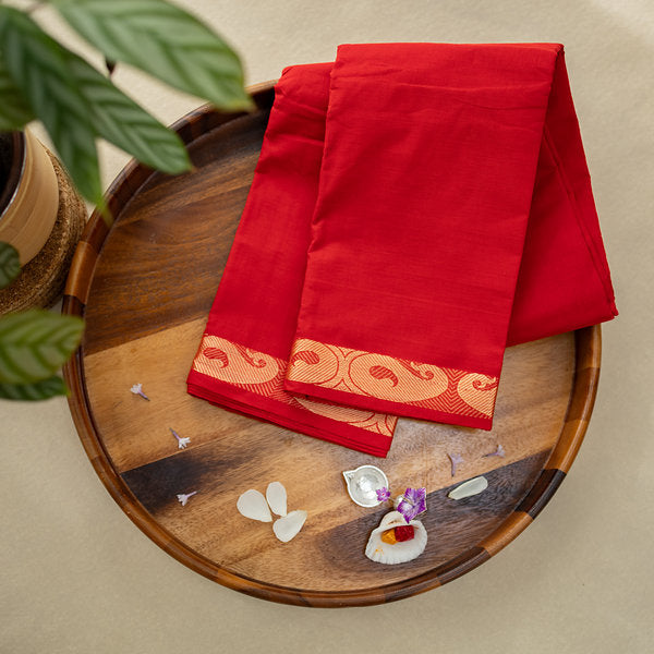 Devi Energised Cotton Saree – Vibrant Red with Golden Paisley Woven Border