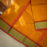 Devi Energised Cotton Saree – Golden Orange with Olive Green & Rust Red Woven Border