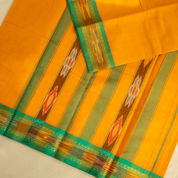 Devi Consecrated Cotton Saree – Saffron Orange with Emerald Green & Golden Woven Border