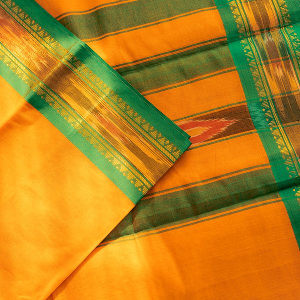 Devi Consecrated Cotton Saree – Saffron Orange with Emerald Green & Golden Woven Border