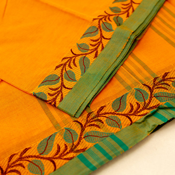 Devi Energised Cotton Saree – Saffron Orange with Green Border