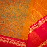 Devi Energised Cotton Saree – Golden Orange with Olive Green Floral Motifs & Vibrant Red Traditional Border