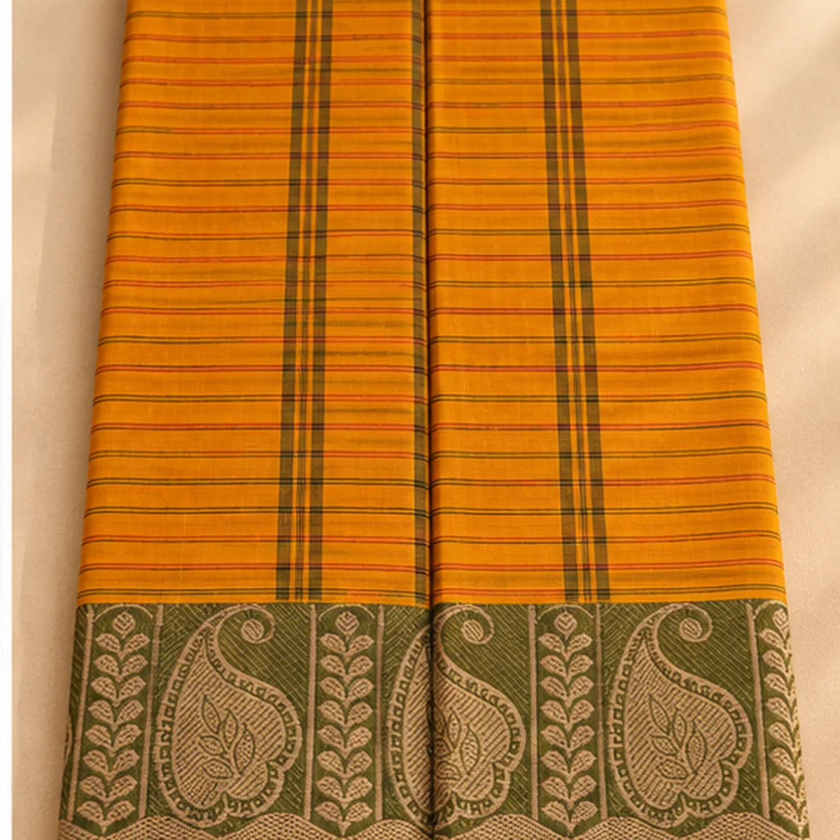 Devi Energised Saree – Mustard Yellow with Olive Green Paisley Border