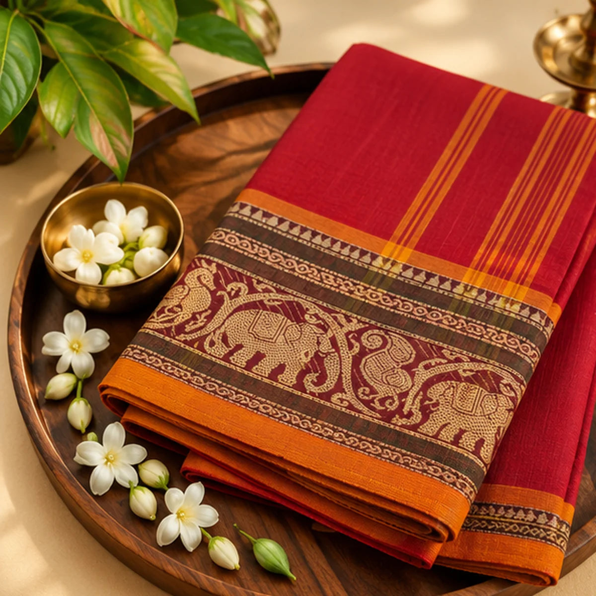 Devi Energised Saree – Deep Red with Orange & Gold Elephant Woven Border
