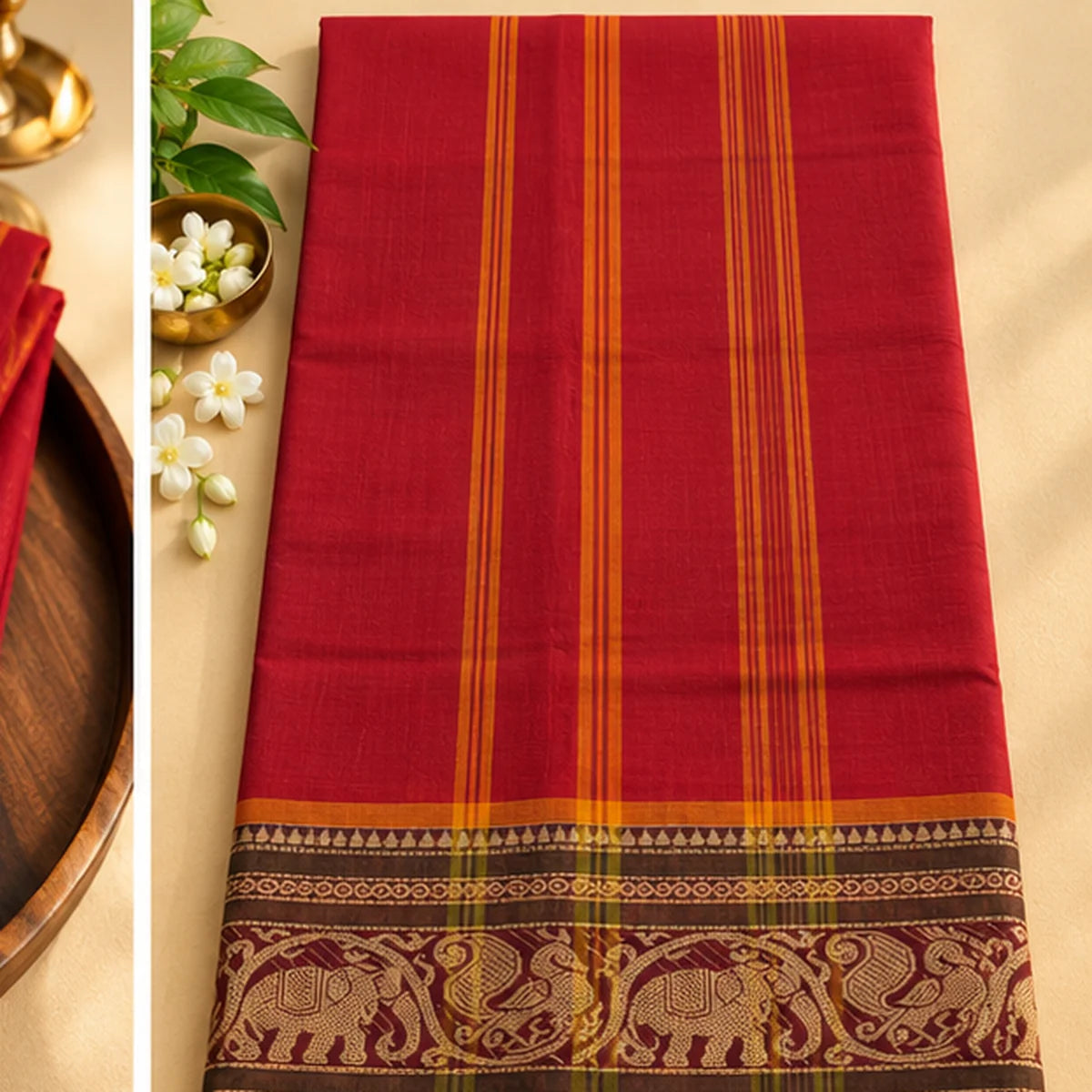 Devi Energised Saree – Deep Red with Orange & Gold Elephant Woven Border