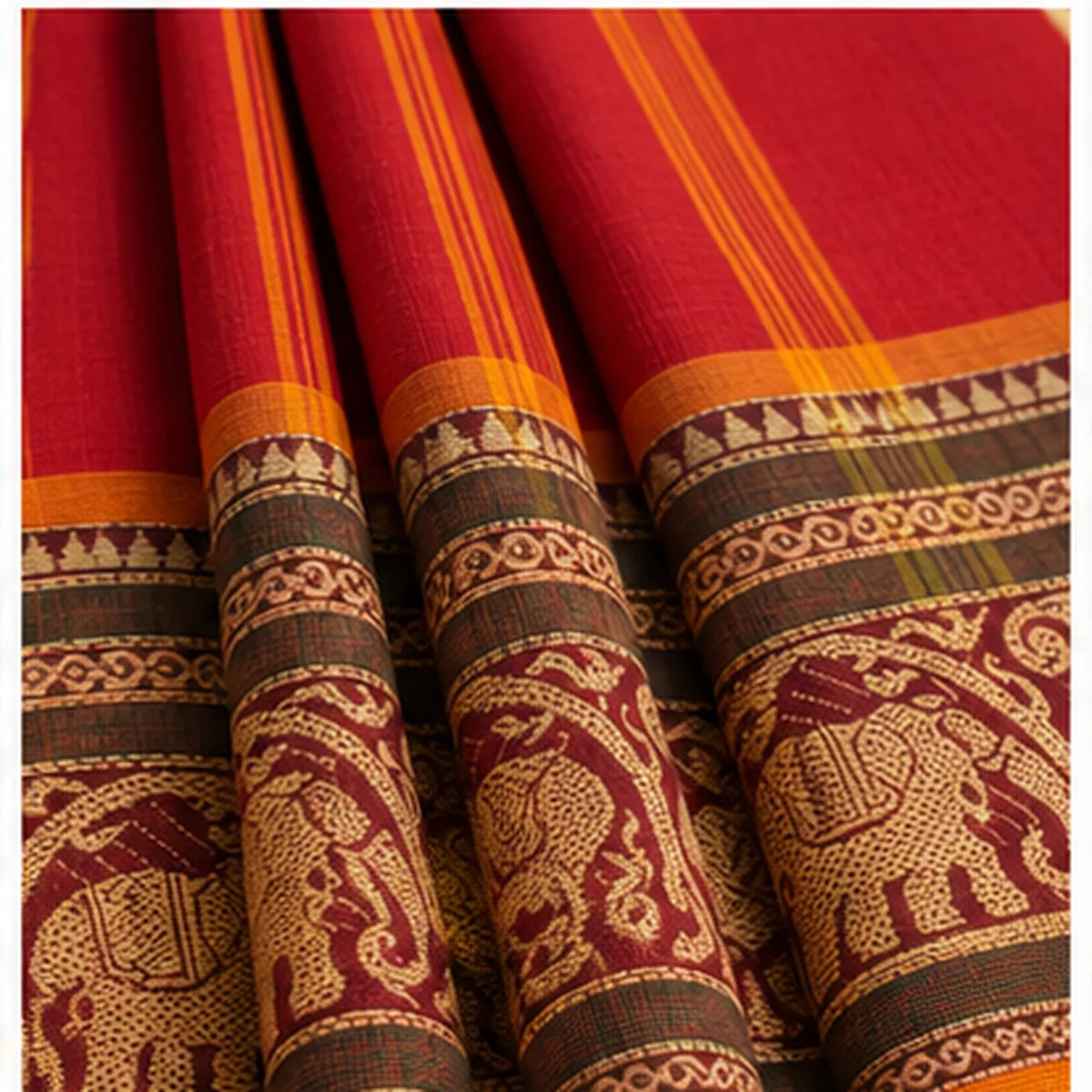 Devi Energised Saree – Deep Red with Orange & Gold Elephant Woven Border