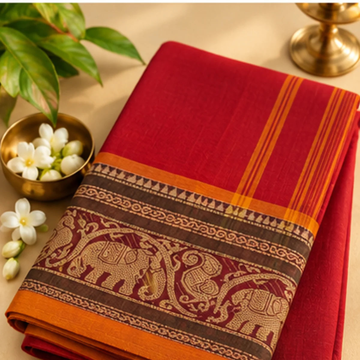 Devi Energised Saree – Deep Red with Orange & Gold Elephant Woven Border