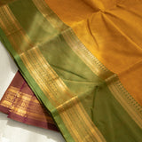 Devi Energised Cotton Saree – Golden Mustard Yellow with Olive Green & Chocolate Brown Traditional Border
