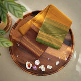 Devi Energised Cotton Saree – Golden Mustard Yellow with Olive Green & Chocolate Brown Traditional Border