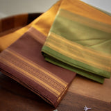 Devi Energised Cotton Saree – Golden Mustard Yellow with Olive Green & Chocolate Brown Traditional Border