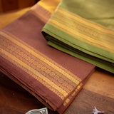 Devi Energised Cotton Saree – Golden Mustard Yellow with Olive Green & Chocolate Brown Traditional Border