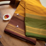 Devi Energised Cotton Saree – Golden Mustard Yellow with Olive Green & Chocolate Brown Traditional Border