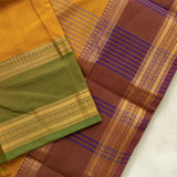 Devi Energised Cotton Saree – Golden Mustard Yellow with Olive Green & Chocolate Brown Traditional Border