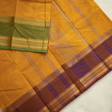 Devi Energised Cotton Saree – Golden Mustard Yellow with Olive Green & Chocolate Brown Traditional Border