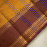 Devi Energised Cotton Saree – Golden Mustard Yellow with Olive Green & Chocolate Brown Traditional Border