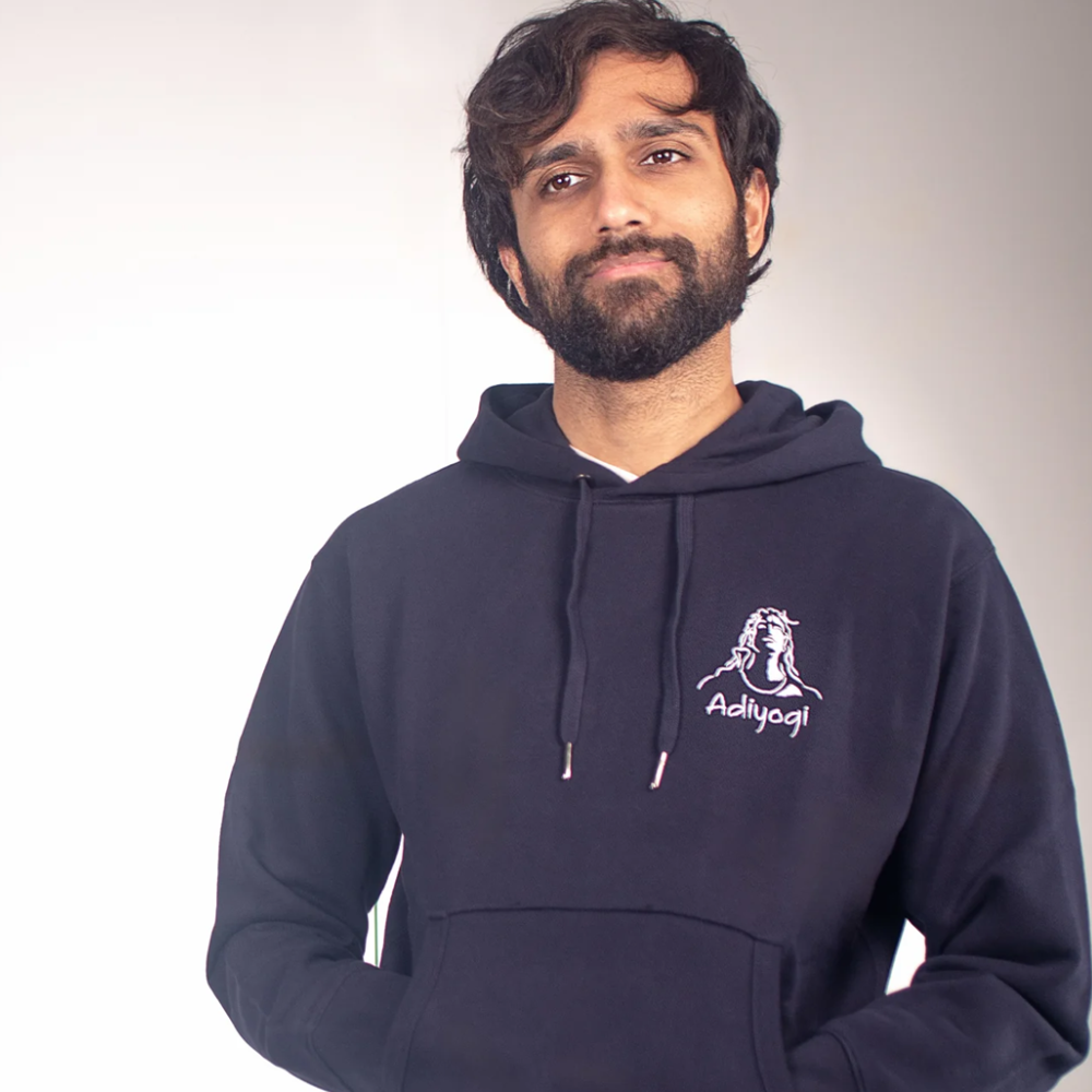100 % Cotton Knitted Adiyogi Hoodie - Navy Blue