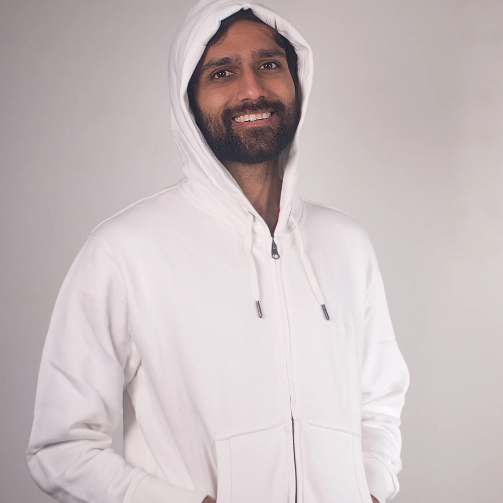 100 % Cotton Knitted Hoodie with Zipper White