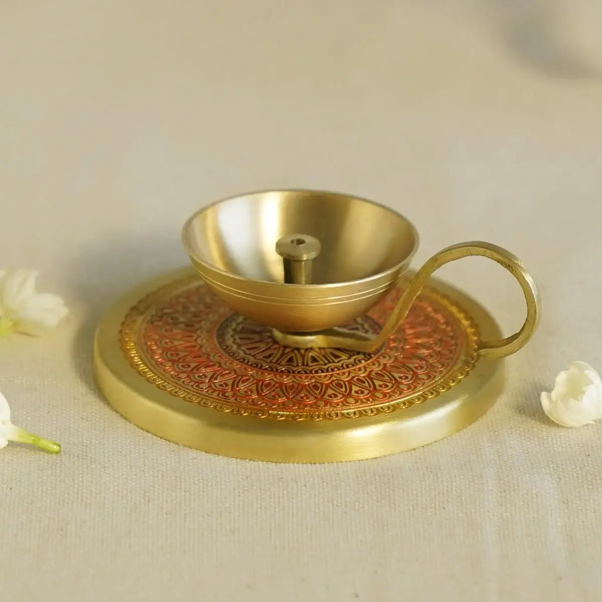 Hand-Enameled Antique Brass Diya with Stylish Handle