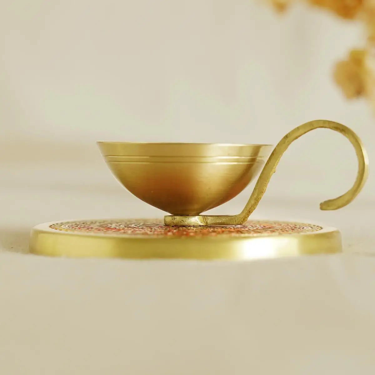 Hand-Enameled Antique Brass Diya with Stylish Handle