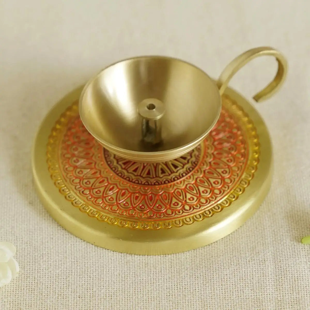Hand-Enameled Antique Brass Diya with Stylish Handle