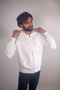 100 % Cotton Knitted Hoodie with Zipper White