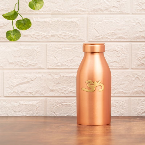 Copper Water Bottle in Matte Finish with Brass Aum, 700ml