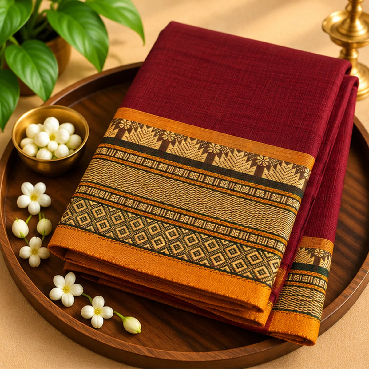 Devi Energised Cotton Saree – Burgundy Maroon with Mustard Gold Geometric Border