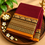 Devi Energised Cotton Saree – Burgundy Maroon with Mustard Gold Geometric Border