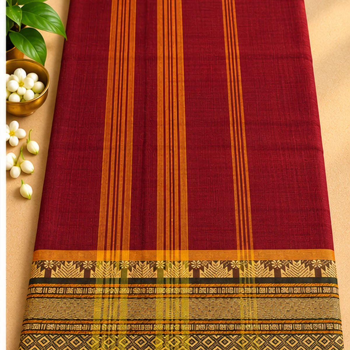 Devi Energised Cotton Saree – Burgundy Maroon with Mustard Gold Geometric Border