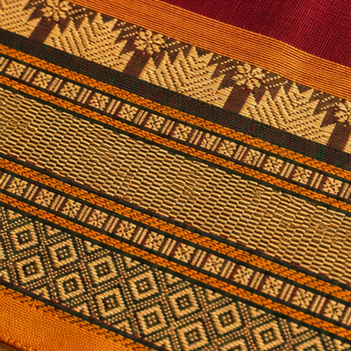 Devi Energised Cotton Saree – Burgundy Maroon with Mustard Gold Geometric Border
