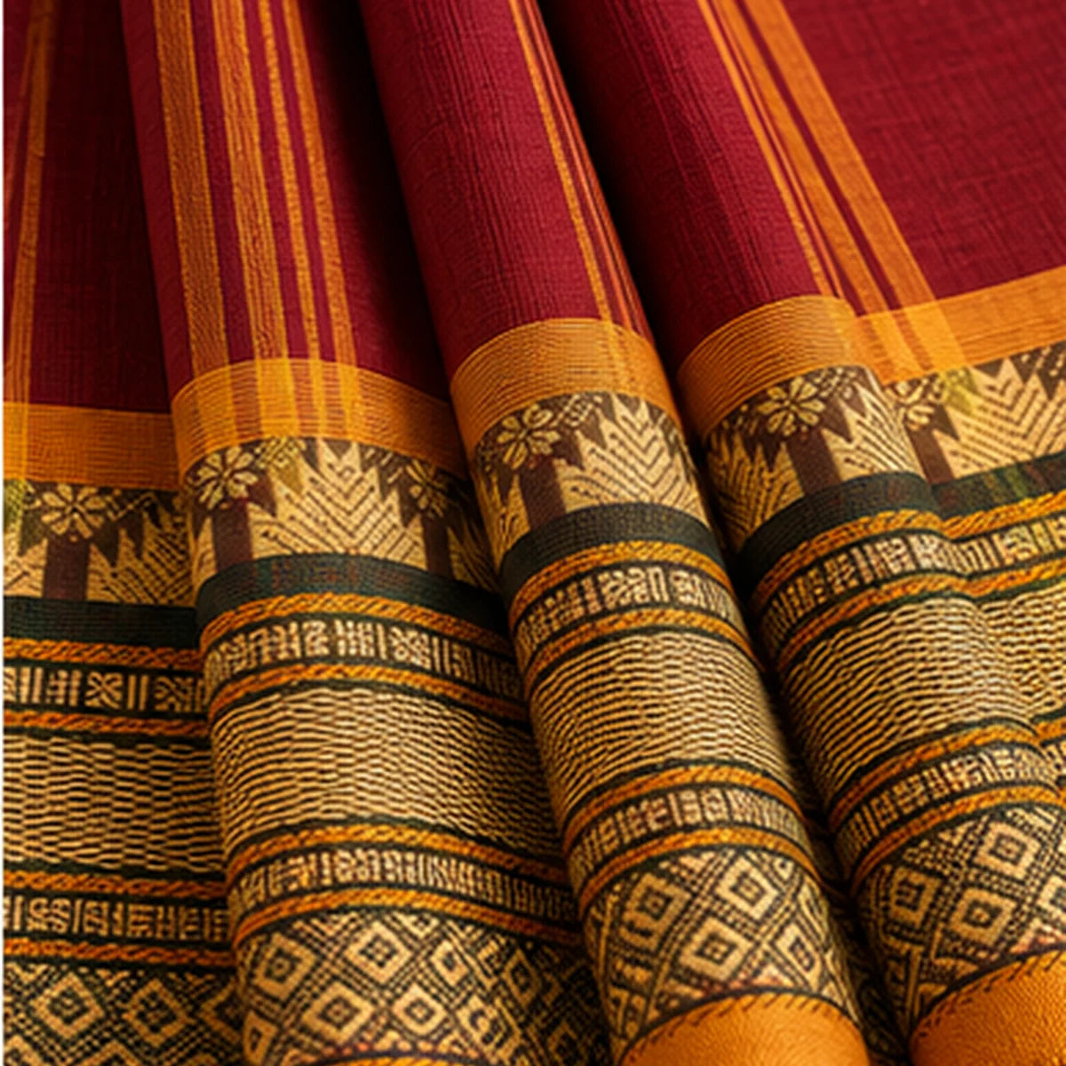 Devi Energised Cotton Saree – Burgundy Maroon with Mustard Gold Geometric Border