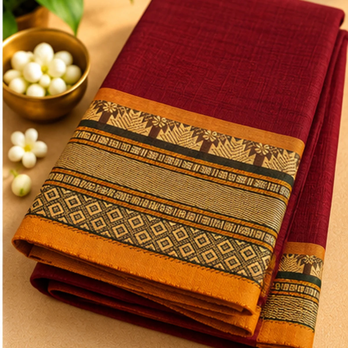 Devi Energised Cotton Saree – Burgundy Maroon with Mustard Gold Geometric Border
