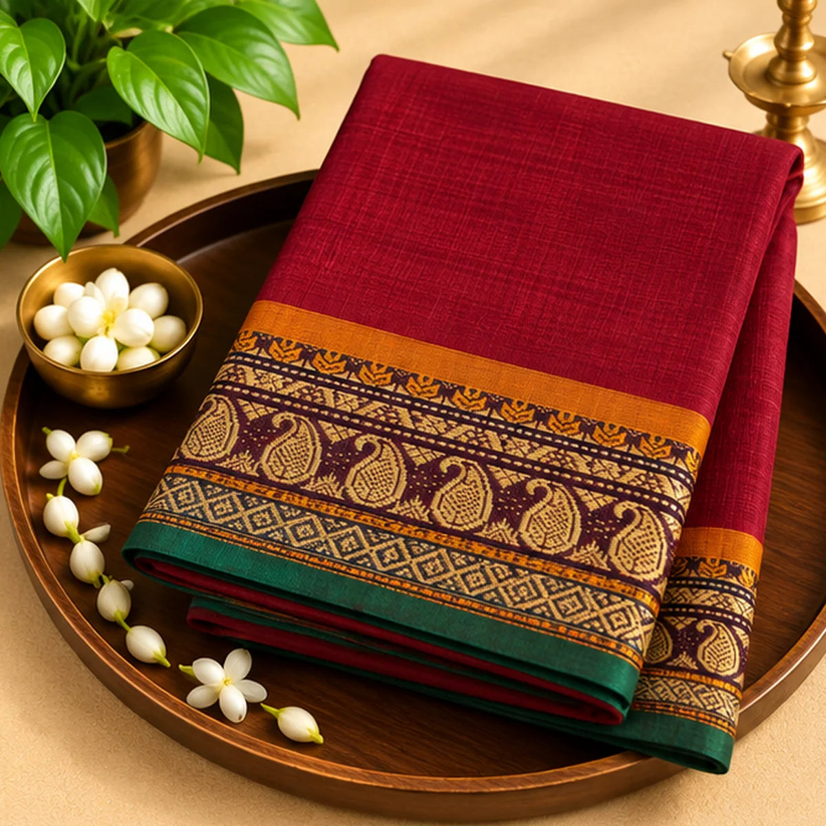 Devi Energised Cotton Saree – Crimson Red with Mustard Gold Paisley Border