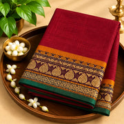 Devi Energised Cotton Saree – Crimson Red with Mustard Gold Paisley Border