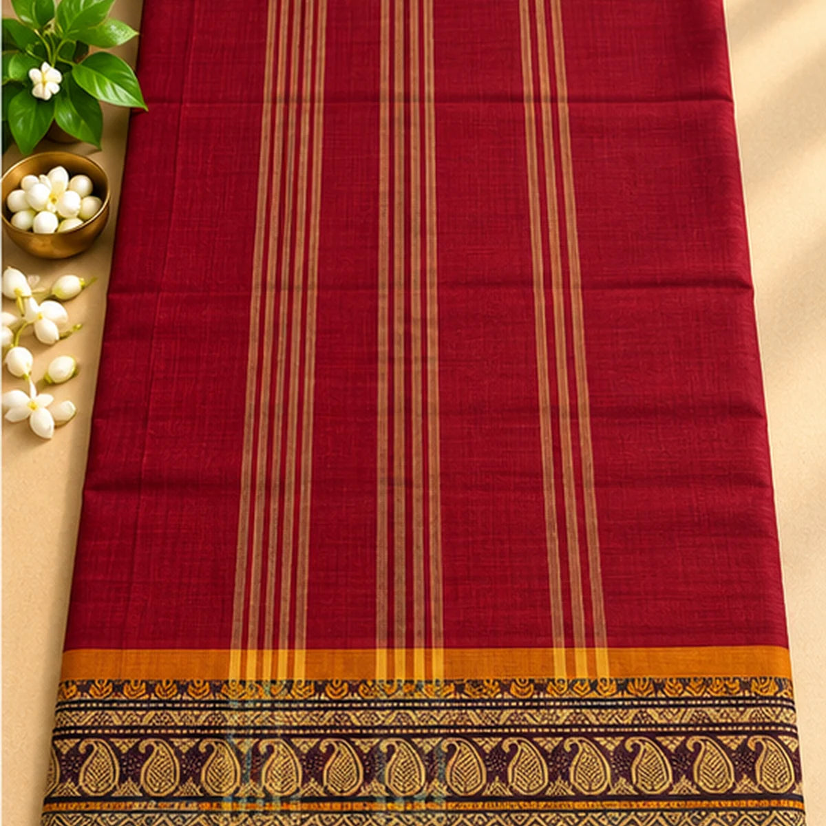 Devi Energised Cotton Saree – Crimson Red with Mustard Gold Paisley Border