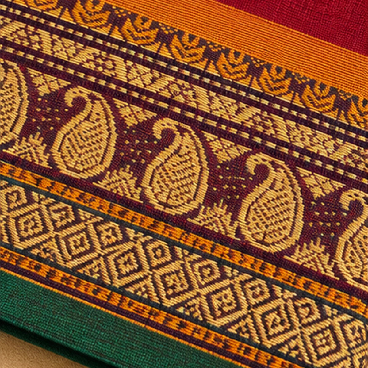 Devi Energised Cotton Saree – Crimson Red with Mustard Gold Paisley Border