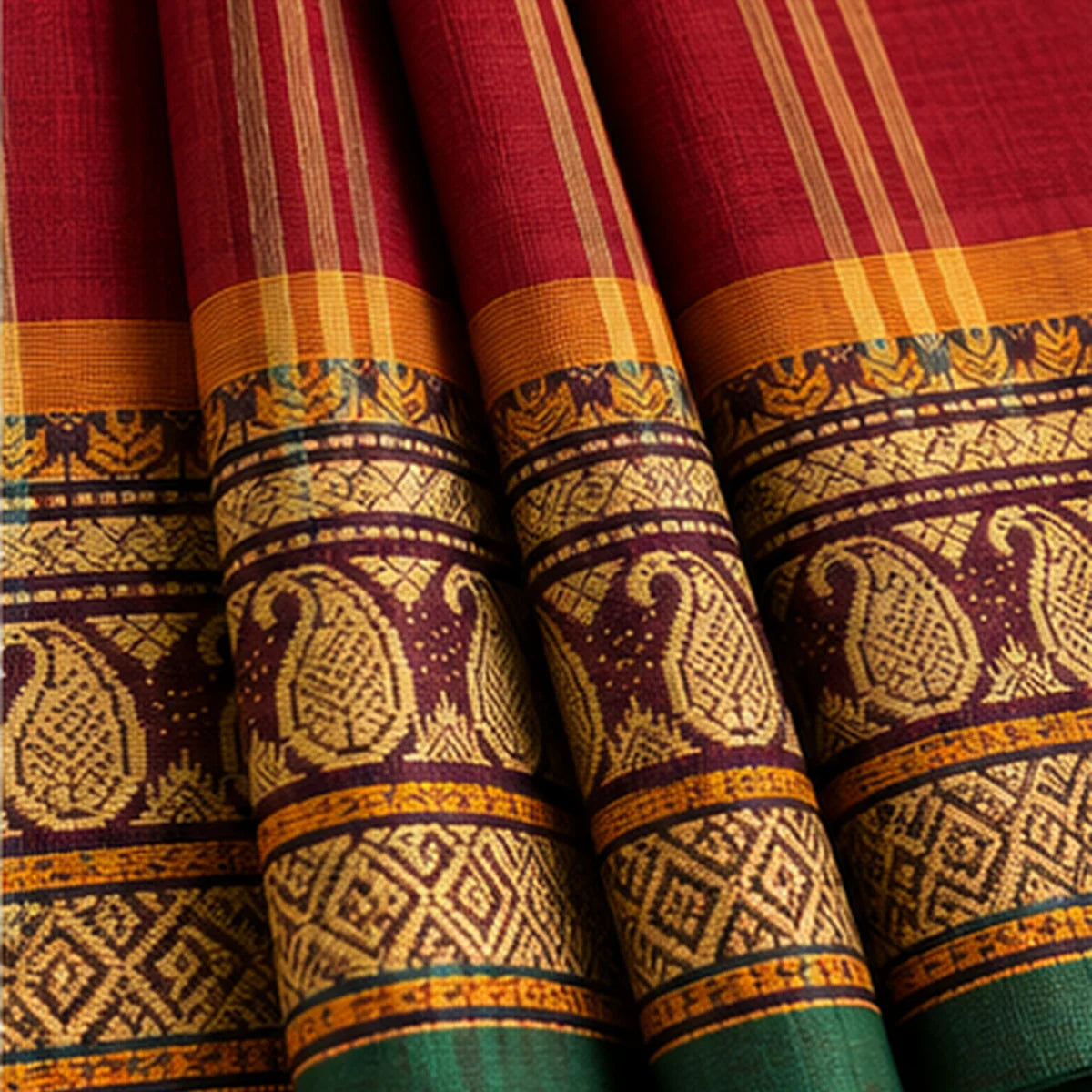 Devi Energised Cotton Saree – Crimson Red with Mustard Gold Paisley Border