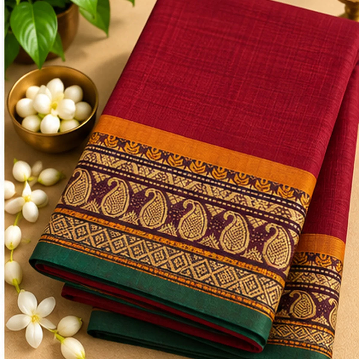 Devi Energised Cotton Saree – Crimson Red with Mustard Gold Paisley Border