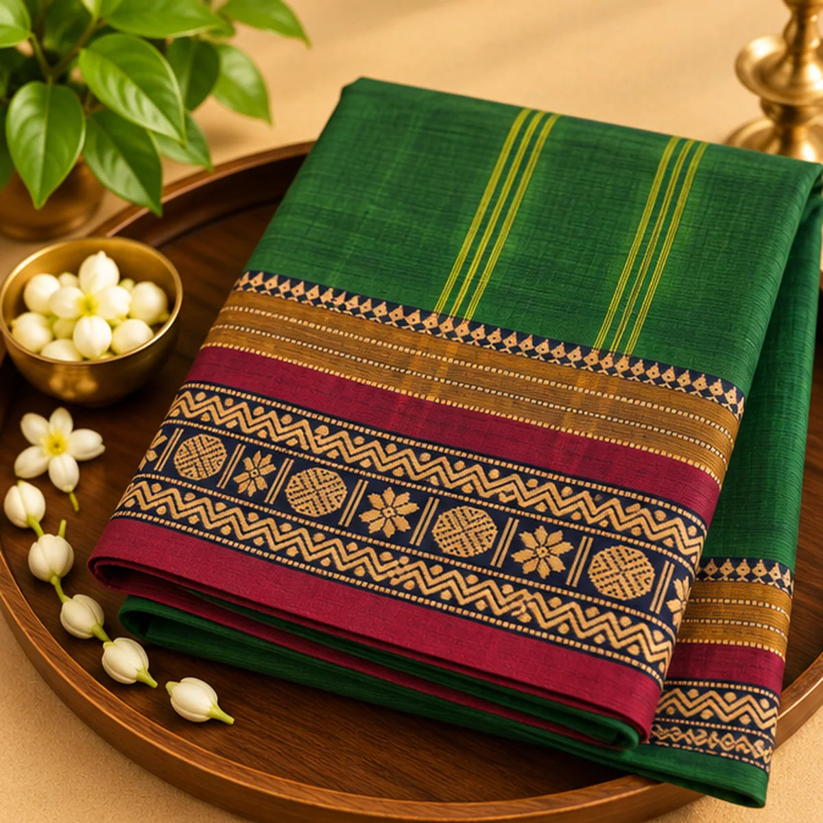 Devi Energised Cotton Saree – Emerald Green with Maroon & Gold Border