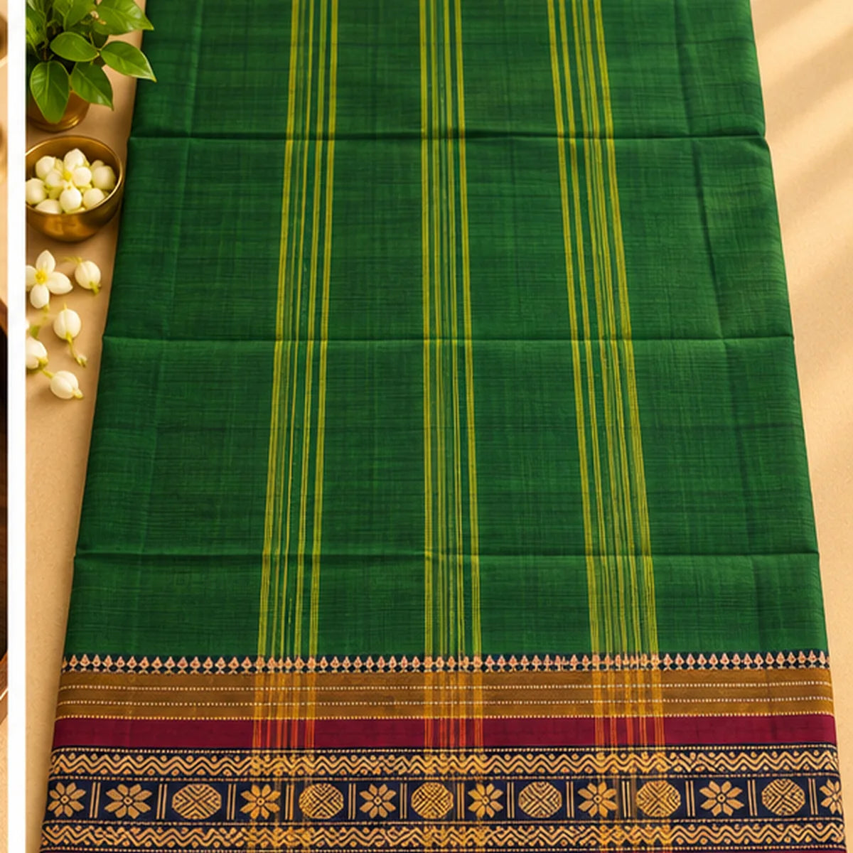 Devi Energised Cotton Saree – Emerald Green with Maroon & Gold Border